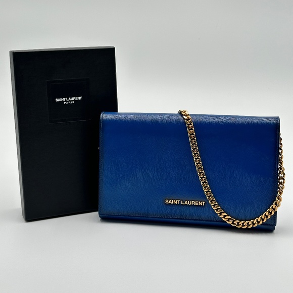 Authentic YSL Blue Calfskin Clutch on Chain - Picture 1 of 16